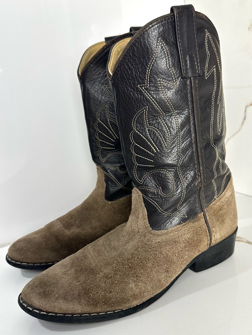 Masterson Boot Co. Kids Brown Suede Black Leather Western Cowboy Boots Size 4
